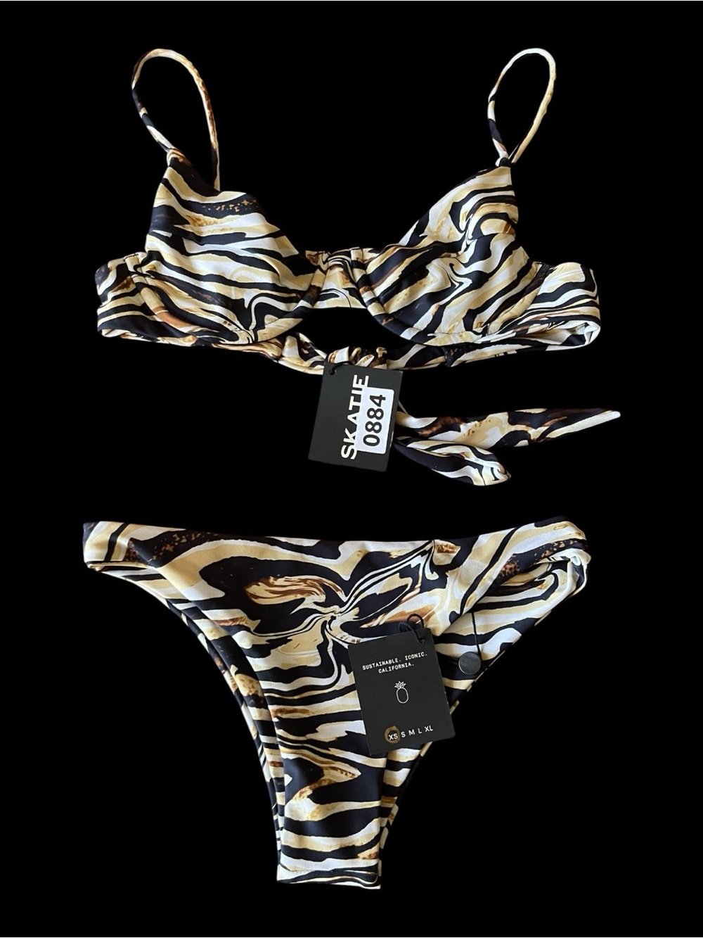 SKATIE Kate Top Dylan Bottom XS Bikini Set NWT Zebra Print Tie Back